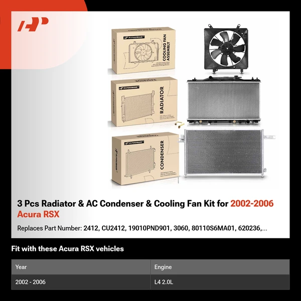 3 Pcs Radiator & AC Condenser & Cooling Fan Kit for 2002-2006 Acura RSX
