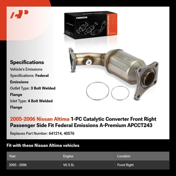 2005-2006 Nissan Altima 1-PC Catalytic Converter Front Right Passenger Side Fit Federal Emissions A-Premium APCCT243