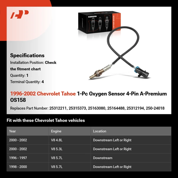 1996-2002 Chevrolet Tahoe 1-Pc Oxygen Sensor 4-Pin A-Premium OS158