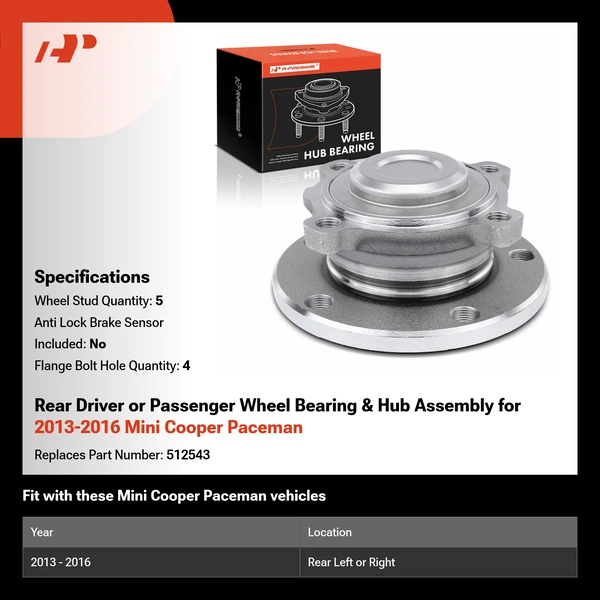 Rear Driver or Passenger Wheel Bearing & Hub Assembly for 2013-2016 Mini Cooper Paceman