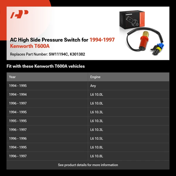 AC High Side Pressure Switch for 1994-1997 Kenworth T600A