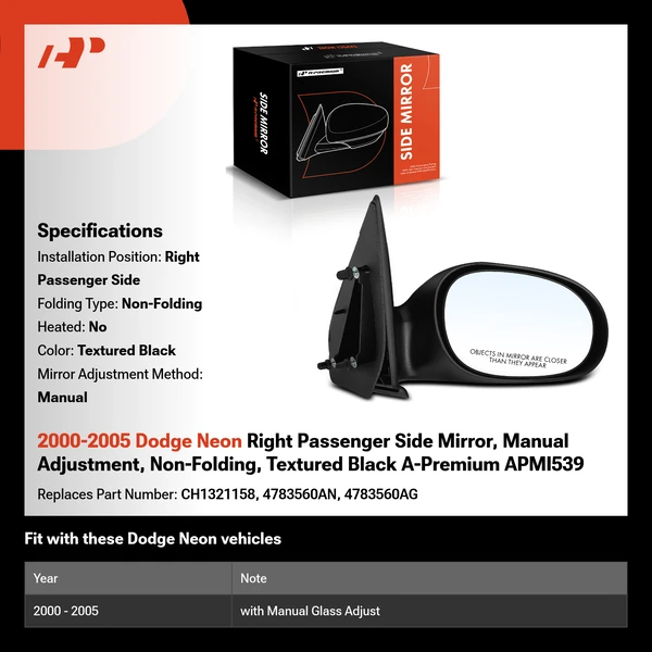2000-2005 Dodge Neon Right Passenger Side Mirror, Manual Adjustment, Non-Folding, Textured Black A-Premium APMI539