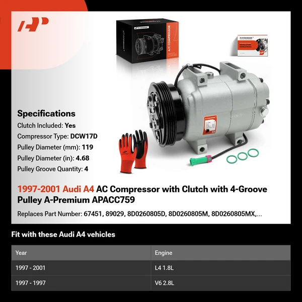 1997-2001 Audi A4 AC Compressor with Clutch with 4-Groove Pulley A-Premium APACC759