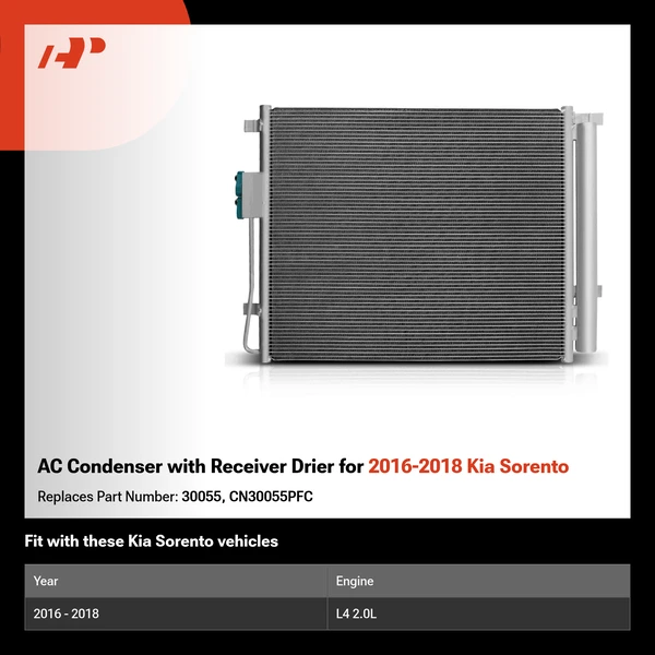 AC Condenser with Receiver Drier for 2016-2018 Kia Sorento