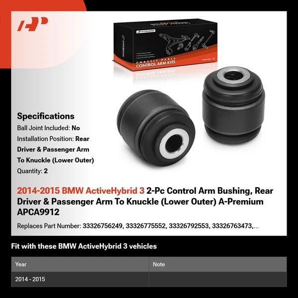 2014-2015 BMW ActiveHybrid 3 2-Pc Control Arm Bushing, Rear Driver & Passenger Arm To Knuckle (Lower Outer) A-Premium APCA9912