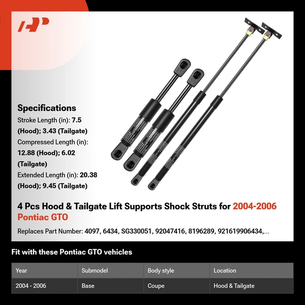 4 Pcs Hood & Tailgate Lift Supports Shock Struts for 2004-2006 Pontiac GTO