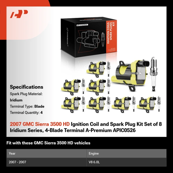 2007 GMC Sierra 3500 HD Ignition Coil and Spark Plug Kit Set of 8 Iridium Series, 4-Blade Terminal A-Premium APIC0526