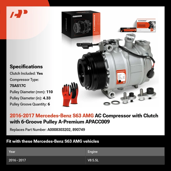 2016-2017 Mercedes-Benz S63 AMG AC Compressor with Clutch with 6-Groove Pulley A-Premium APACC009