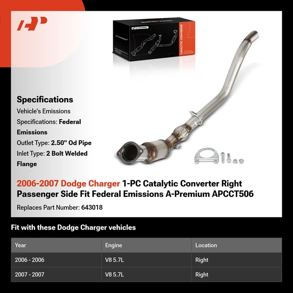 2006-2007 Dodge Charger 1-PC Catalytic Converter Right Passenger Side Fit Federal Emissions A-Premium APCCT506