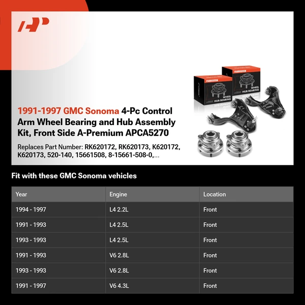 1991-1997 GMC Sonoma 4-Pc Control Arm Wheel Bearing and Hub Assembly Kit, Front Side A-Premium APCA5270