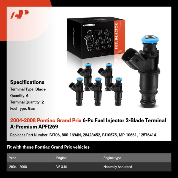 2004-2008 Pontiac Grand Prix 6-Pc Fuel Injector 2-Blade Terminal A-Premium APFI269