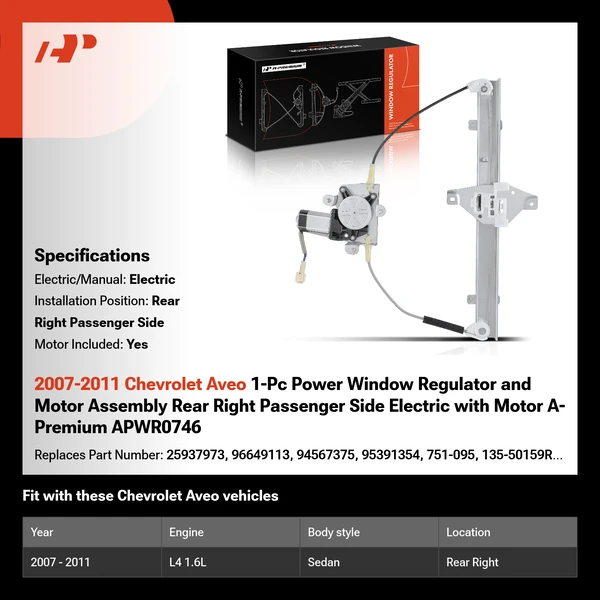 2007-2011 Chevrolet Aveo 1-Pc Power Window Regulator and Motor Assembly Rear Right Passenger Side Electric with Motor A-Premium APWR0746