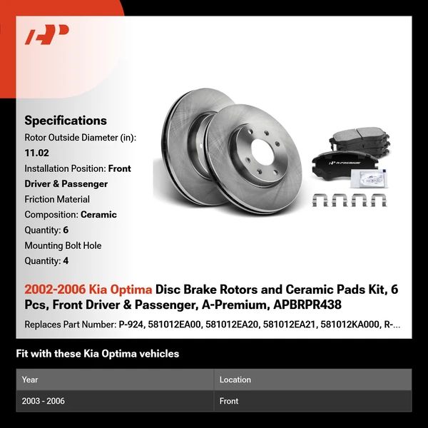 2002-2006 Kia Optima Disc Brake Rotors and Ceramic Pads Kit, 6 Pcs, Front Driver & Passenger, A-Premium, APBRPR438