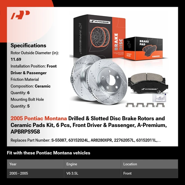2005 Pontiac Montana Drilled & Slotted Disc Brake Rotors and Ceramic Pads Kit, 6 Pcs, Front Driver & Passenger, A-Premium, APBRPS958