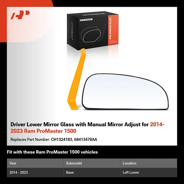Driver Lower Mirror Glass with Manual Mirror Adjust for 2014-2023 Ram ProMaster 1500