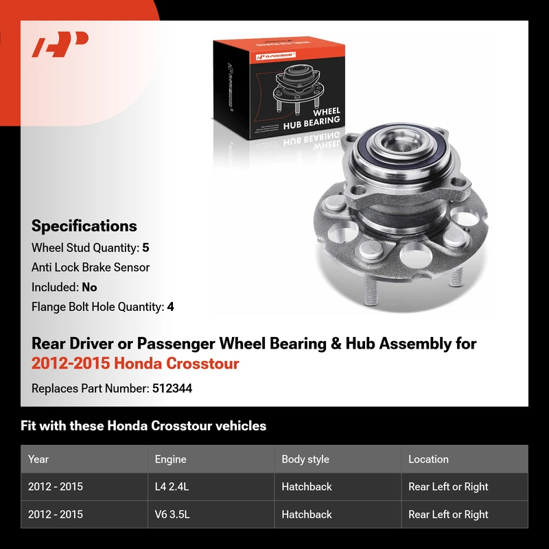 Rear Driver or Passenger Wheel Bearing & Hub Assembly for 2012-2015 Honda Crosstour
