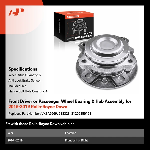 Front Driver or Passenger Wheel Bearing & Hub Assembly for 2016-2019 Rolls-Royce Dawn