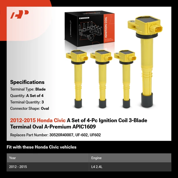 2012-2015 Honda Civic A Set of 4-Pc Ignition Coil 3-Blade Terminal Oval A-Premium APIC1609