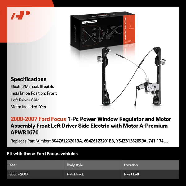 2000-2007 Ford Focus 1-Pc Power Window Regulator and Motor Assembly Front Left Driver Side Electric with Motor A-Premium APWR1670