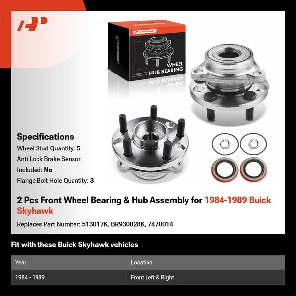 2 Pcs Front Wheel Bearing & Hub Assembly for 1984-1989 Buick Skyhawk