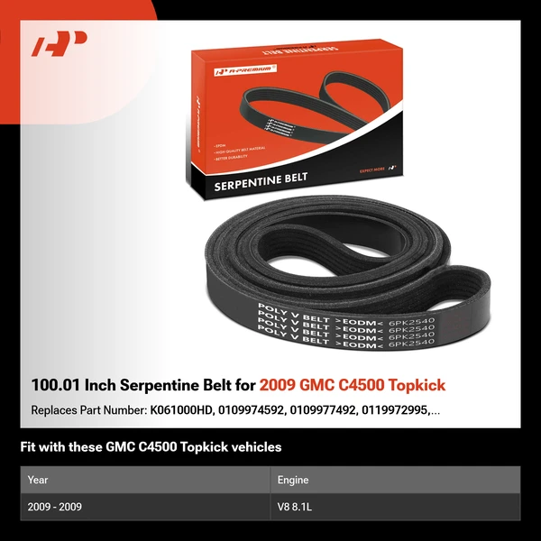 100.01 Inch Serpentine Belt for 2009 GMC C4500 Topkick