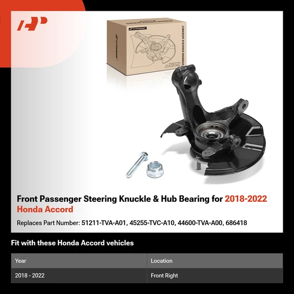 Front Passenger Steering Knuckle & Hub Bearing for 2018-2022 Honda Accord