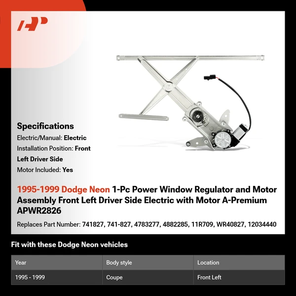 1995-1999 Dodge Neon 1-Pc Power Window Regulator and Motor Assembly Front Left Driver Side Electric with Motor A-Premium APWR2826
