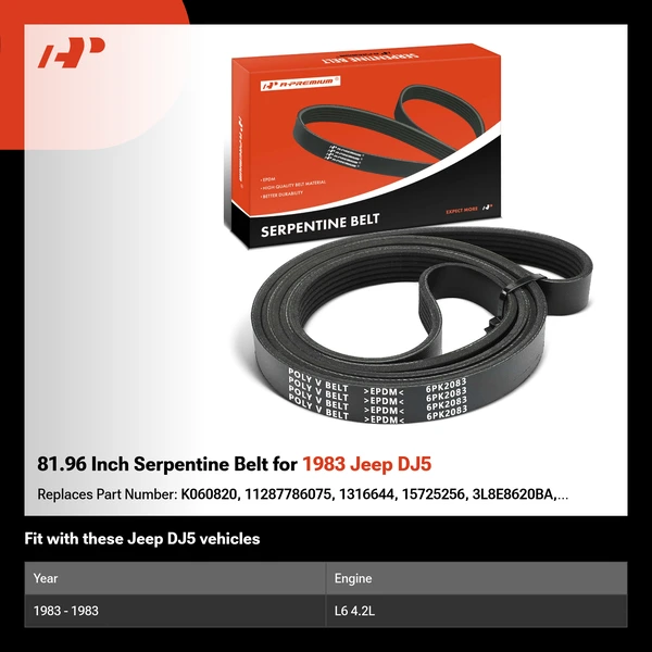 81.96 Inch Serpentine Belt for 1983 Jeep DJ5