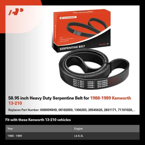 58.95 inch Heavy Duty Serpentine Belt for 1988-1989 Kenworth 13-210
