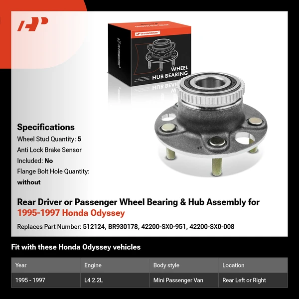 Rear Driver or Passenger Wheel Bearing & Hub Assembly for 1995-1997 Honda Odyssey