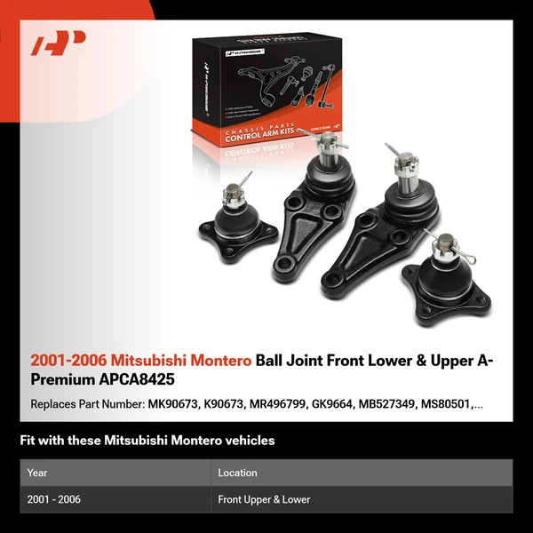 2001-2006 Mitsubishi Montero Ball Joint Front Lower & Upper A-Premium APCA8425