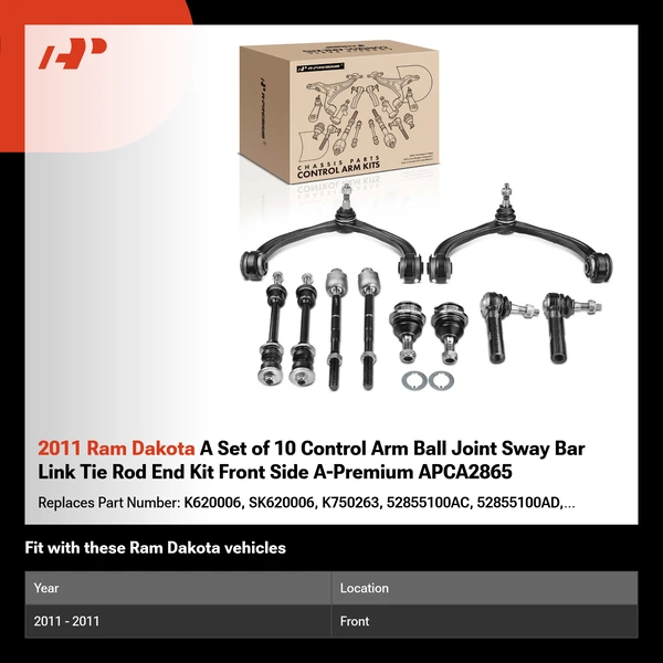 2011 Ram Dakota A Set of 10 Control Arm Ball Joint Sway Bar Link Tie Rod End Kit Front Side A-Premium APCA2865
