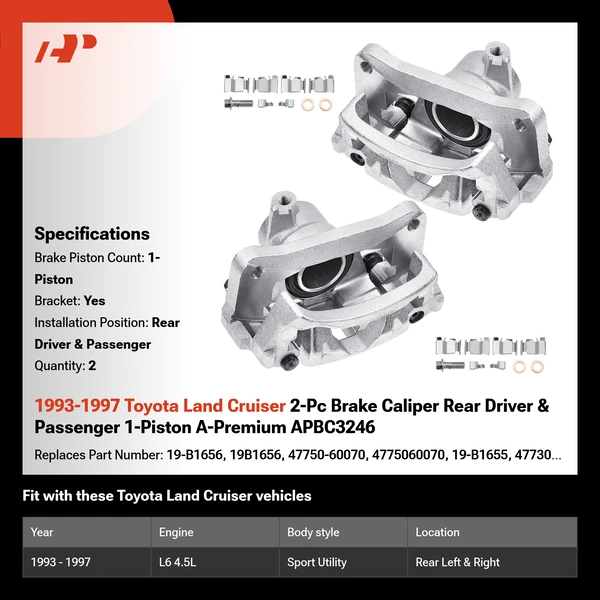 1993-1997 Toyota Land Cruiser 2-Pc Brake Caliper Rear Driver & Passenger 1-Piston A-Premium APBC3246