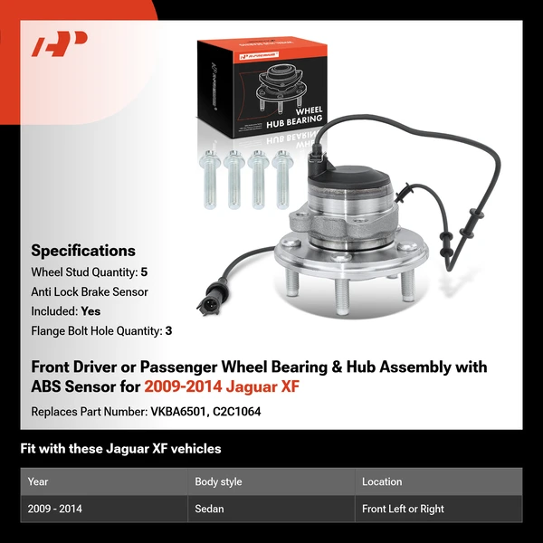 Front Driver or Passenger Wheel Bearing & Hub Assembly with ABS Sensor for 2009-2014 Jaguar XF