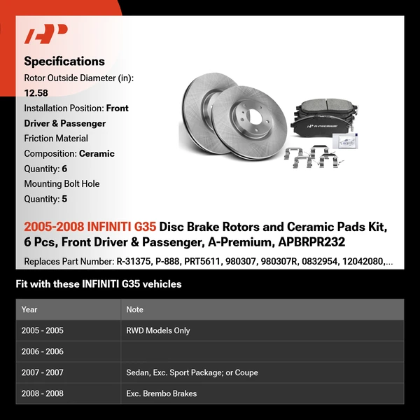 2005-2008 INFINITI G35 Disc Brake Rotors and Ceramic Pads Kit, 6 Pcs, Front Driver & Passenger, A-Premium, APBRPR232