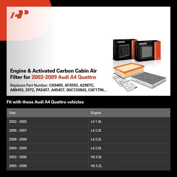 Engine & Activated Carbon Cabin Air Filter for 2002-2009 Audi A4 Quattro