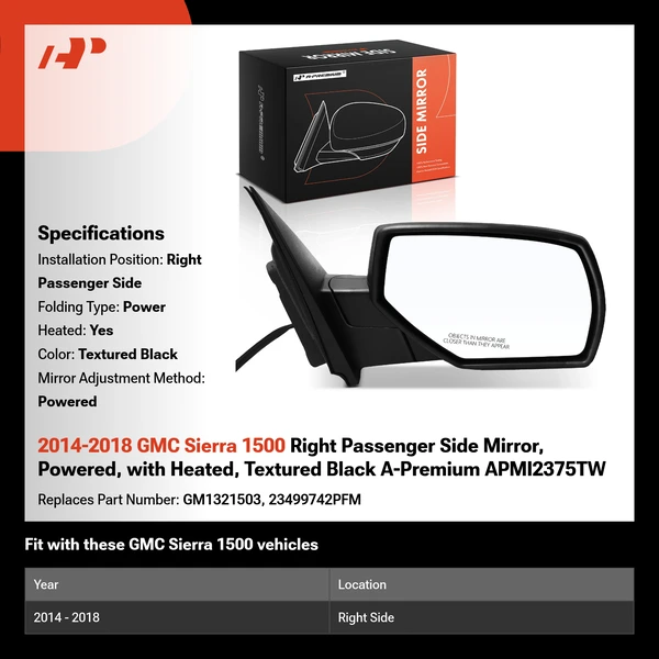 2014-2018 GMC Sierra 1500 Right Passenger Side Mirror, Powered, with Heated, Textured Black A-Premium APMI2375TW
