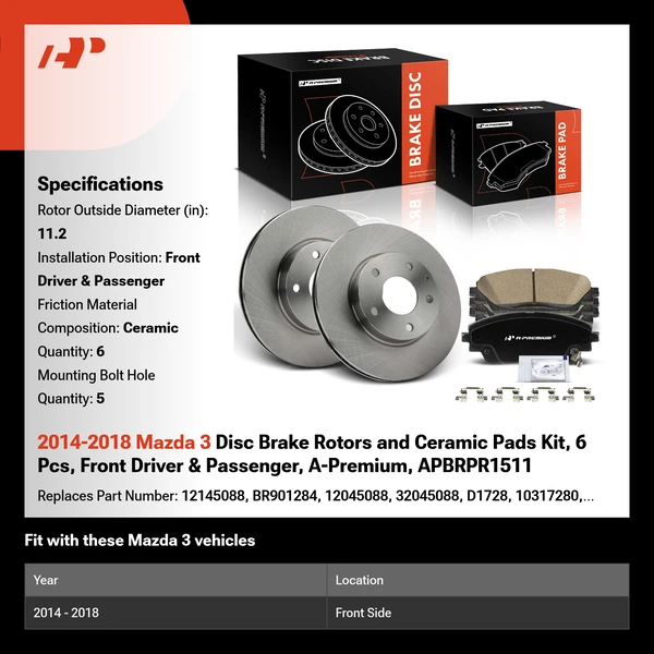 2014-2018 Mazda 3 Disc Brake Rotors and Ceramic Pads Kit, 6 Pcs, Front Driver & Passenger, A-Premium, APBRPR1511