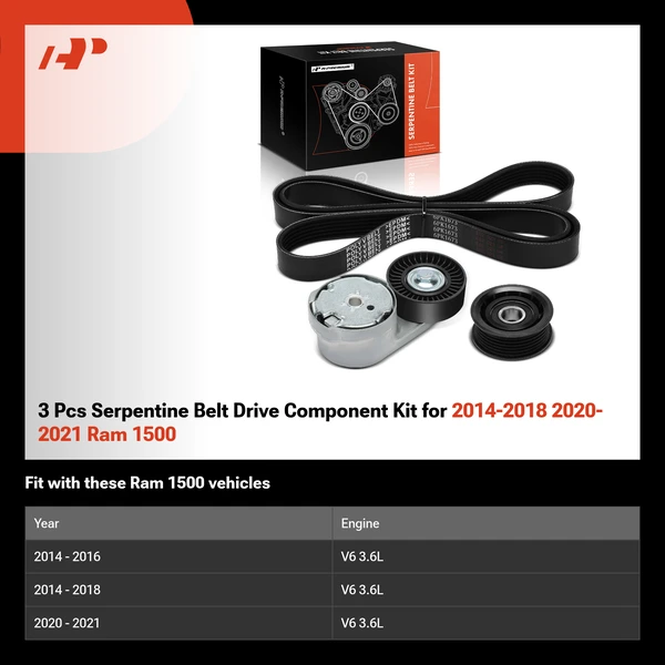 3 Pcs Serpentine Belt Drive Component Kit for 2014-2018 2020-2021 Ram 1500
