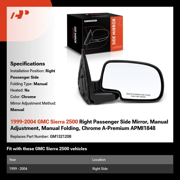 1999-2004 GMC Sierra 2500 Right Passenger Side Mirror, Manual Adjustment, Manual Folding, Chrome A-Premium APMI1848