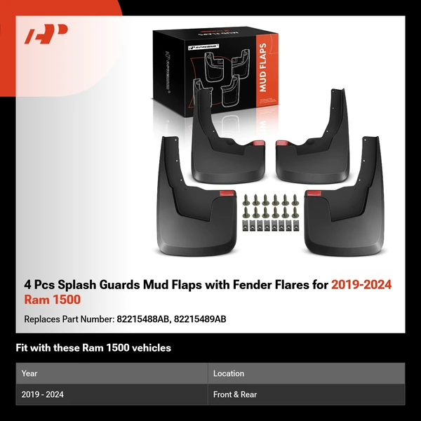 4 Pcs Splash Guards Mud Flaps with Fender Flares  for 2019-2024 Ram 1500