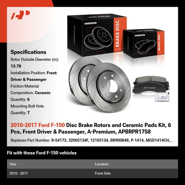 2010-2017 Ford F-150 Disc Brake Rotors and Ceramic Pads Kit, 6 Pcs, Front Driver & Passenger, A-Premium, APBRPR1758