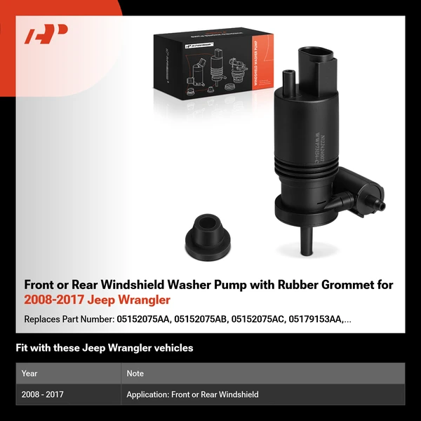 Front or Rear Windshield Washer Pump with Rubber Grommet for 2008-2017 Jeep Wrangler