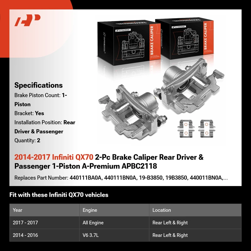 2014-2017 Infiniti QX70 2-Pc Brake Caliper Rear Driver & Passenger 1-Piston A-Premium APBC2118