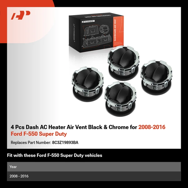 4 Pcs Dash AC Heater Air Vent Black & Chrome for 2008-2016 Ford F-550 Super Duty