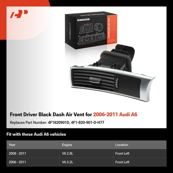 Front Driver Black Dash Air Vent for 2006-2011 Audi A6