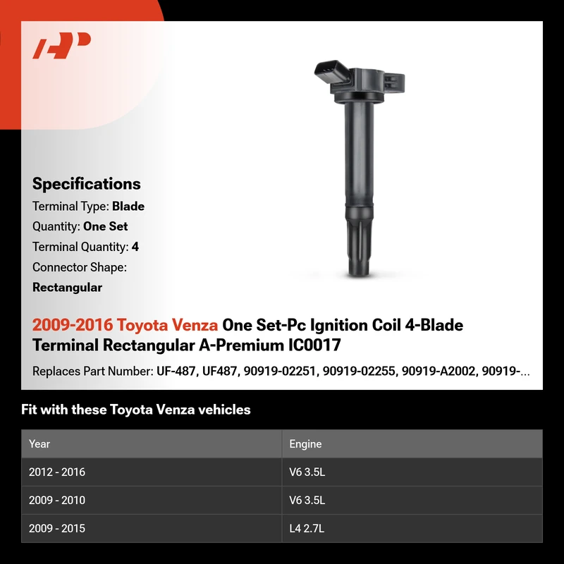 2009-2016 Toyota Venza One Set-Pc Ignition Coil 4-Blade Terminal Rectangular A-Premium IC0017