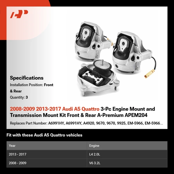2008-2009 2013-2017 Audi A5 Quattro 3-Pc Engine Mount and Transmission Mount Kit Front & Rear A-Premium APEM204
