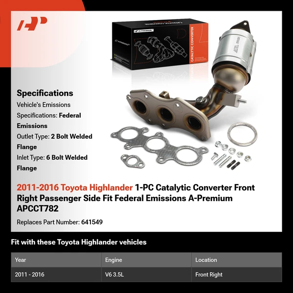 2011-2016 Toyota Highlander 1-PC Catalytic Converter Front Right Passenger Side Fit Federal Emissions A-Premium APCCT782
