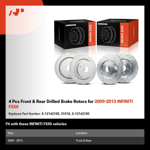 4 Pcs Front & Rear Drilled Brake Rotors for 2009-2013 INFINITI FX50
